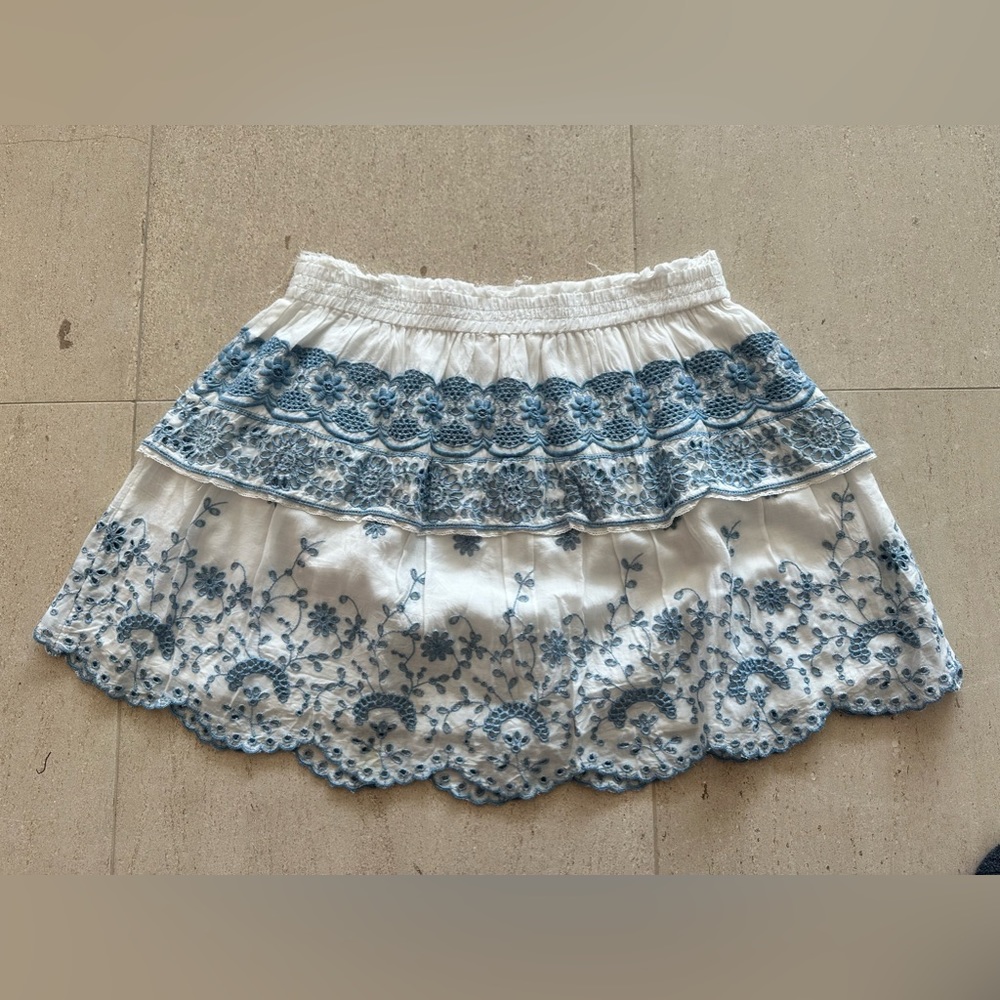 Loveshackfancy ruffle skirt in blue and white